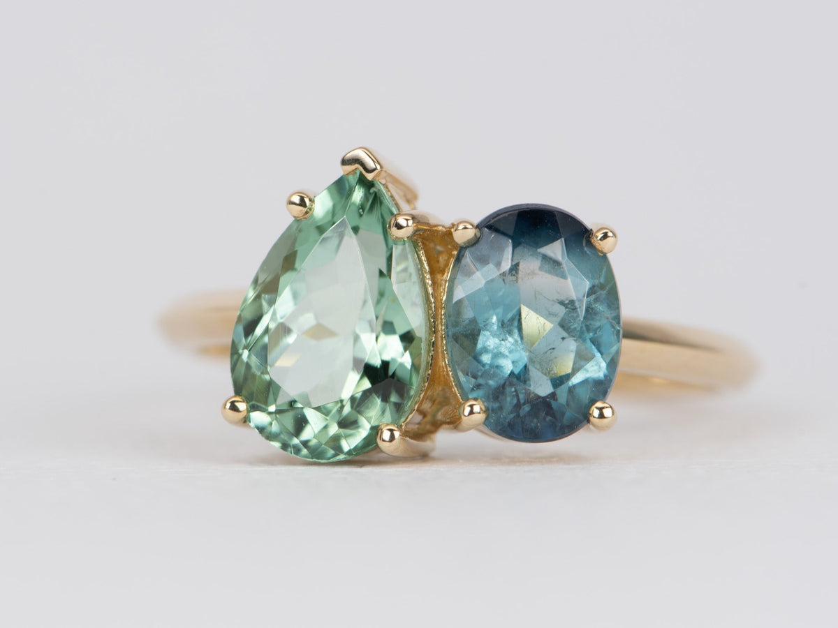 3.35ctw Mint Green and Blue Tourmaline You and Me Engagement Ring 14K Gold R6486 Aurora Designer