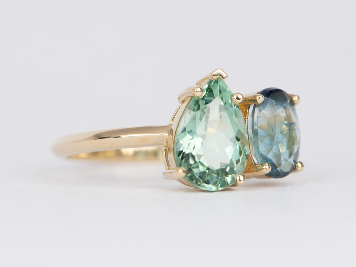 3.35ctw Mint Green and Blue Tourmaline You and Me Engagement Ring 14K Gold R6486 Aurora Designer