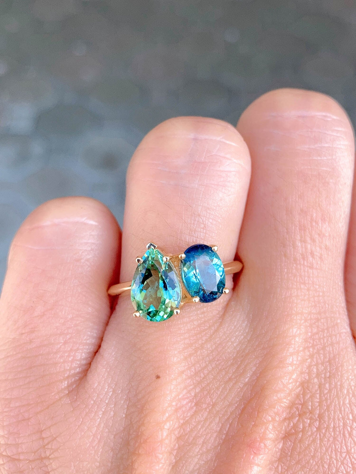 3.35ctw Mint Green and Blue Tourmaline You and Me Engagement Ring 14K Gold R6486 Aurora Designer