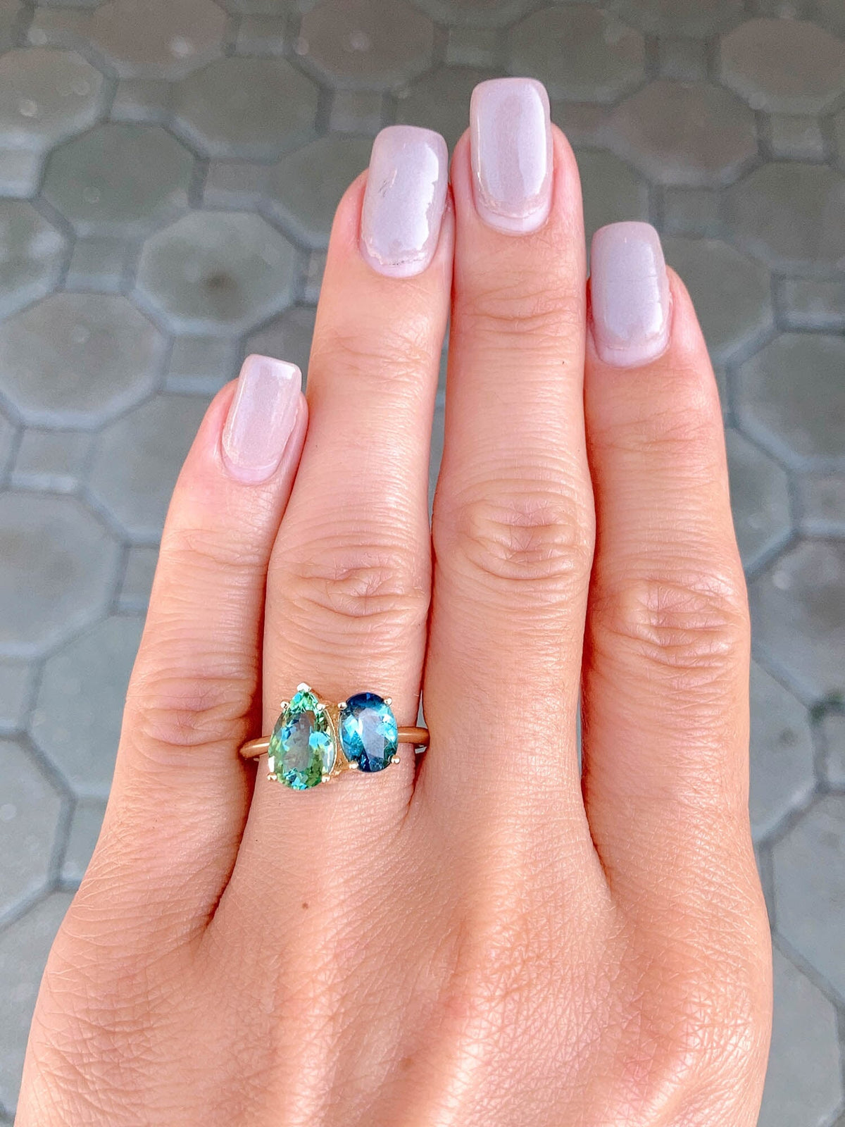 3.35ctw Mint Green and Blue Tourmaline You and Me Engagement Ring 14K Gold R6486 Aurora Designer