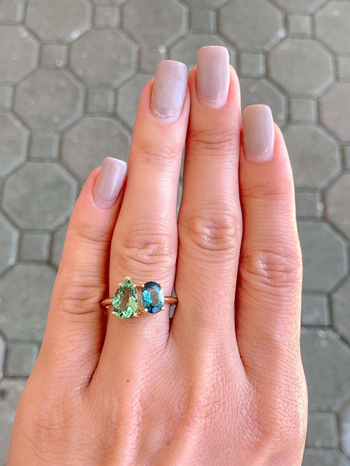 3.35ctw Mint Green and Blue Tourmaline You and Me Engagement Ring 14K Gold R6486 Aurora Designer