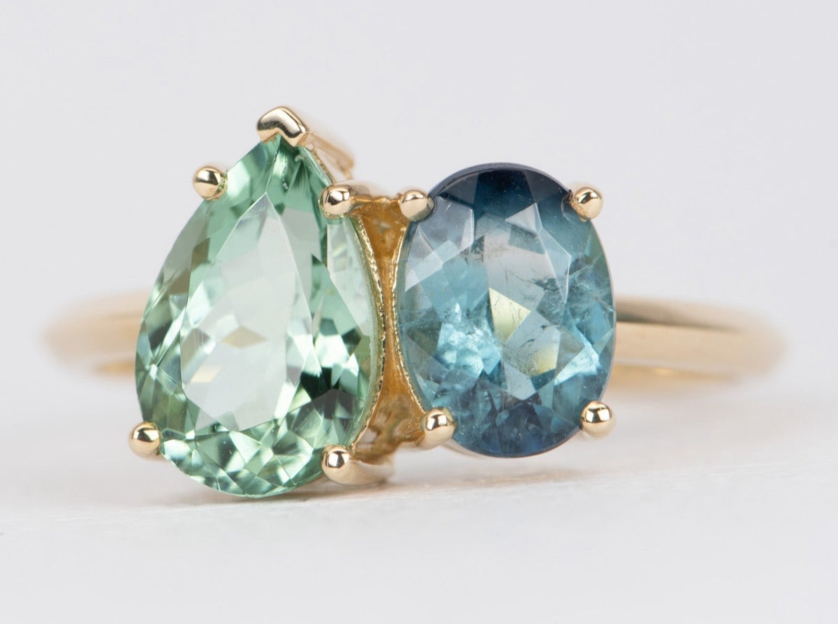 3.35ctw Mint Green and Blue Tourmaline You and Me Engagement Ring 14K Gold R6486 Aurora Designer