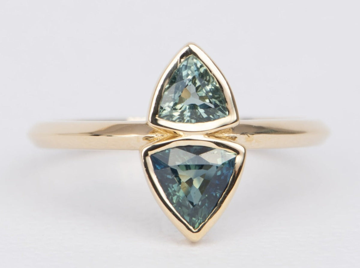 Triangle Teal Sapphire You and Me Right Hand Ring 14K Gold R6489 Aurora Designer