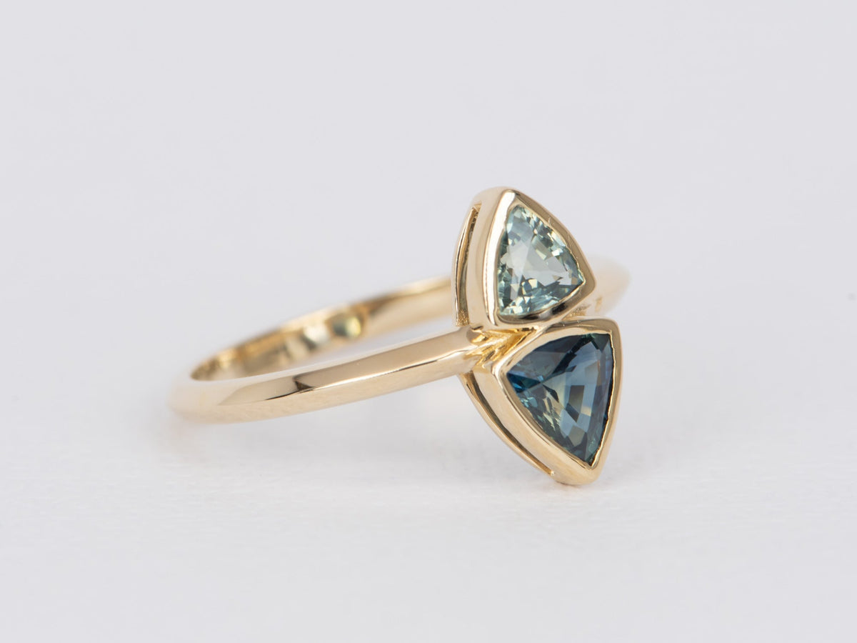 Triangle Teal Sapphire You and Me Right Hand Ring 14K Gold R6489 Aurora Designer