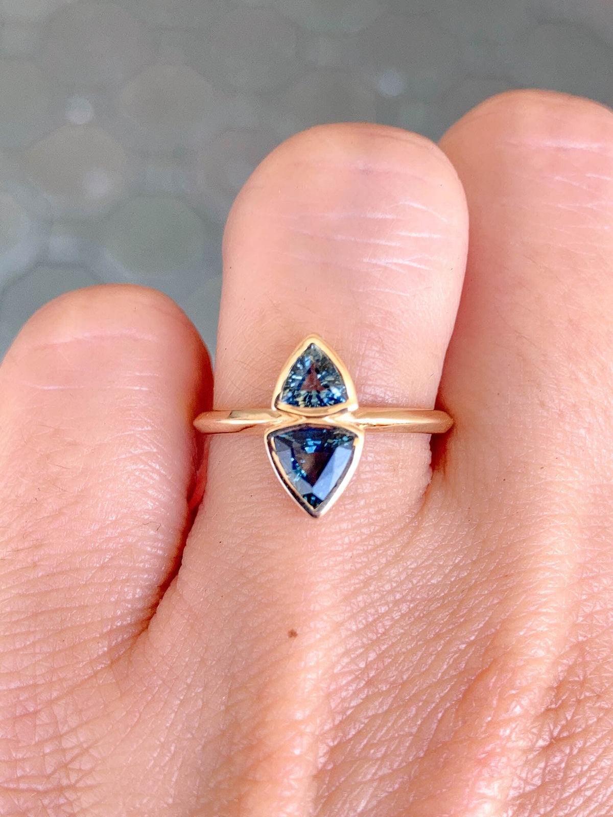 Triangle Teal Sapphire You and Me Right Hand Ring 14K Gold R6489 Aurora Designer