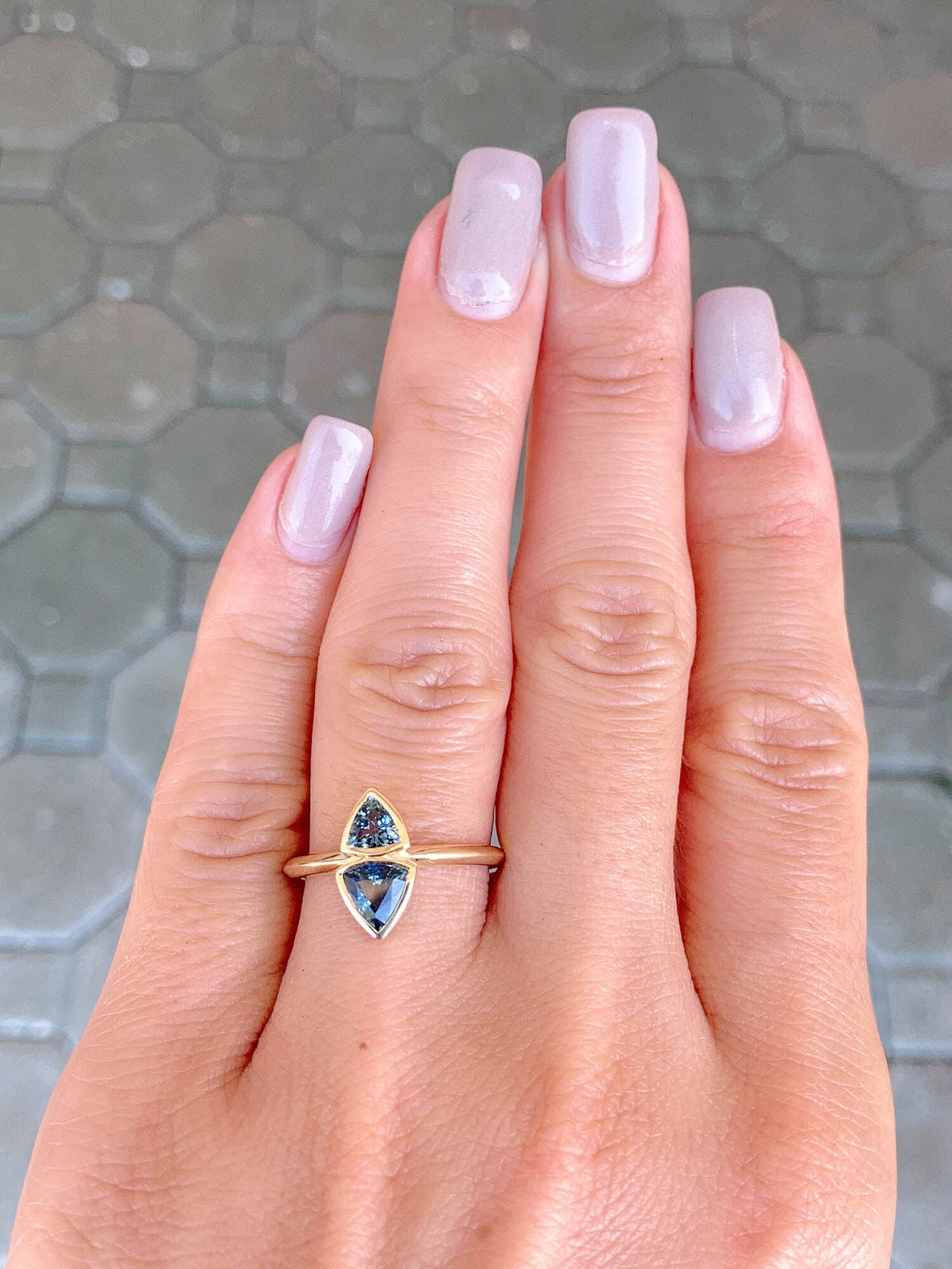 Triangle Teal Sapphire You and Me Right Hand Ring 14K Gold R6489 Aurora Designer