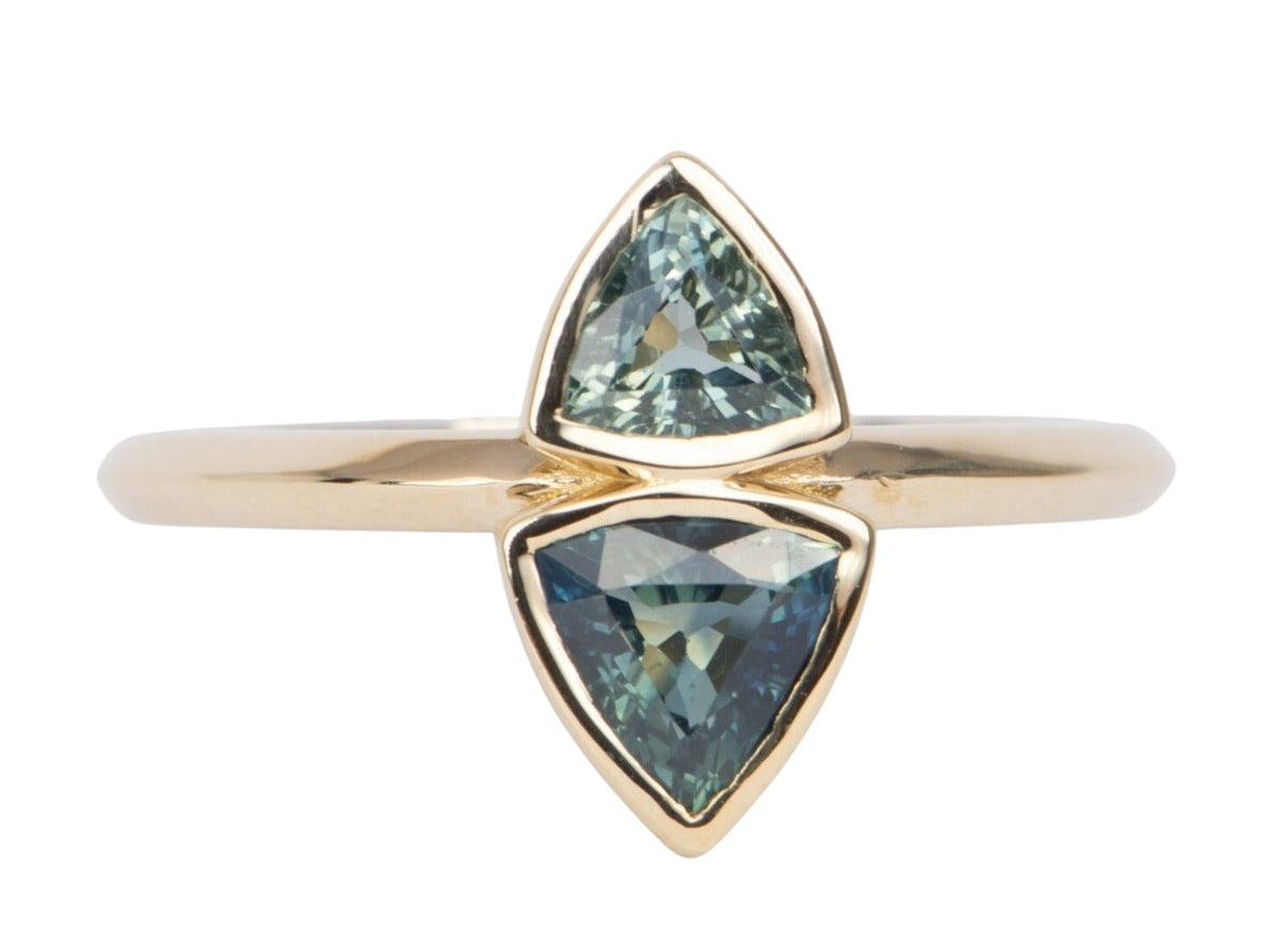 Triangle Teal Sapphire You and Me Right Hand Ring 14K Gold R6489 Aurora Designer