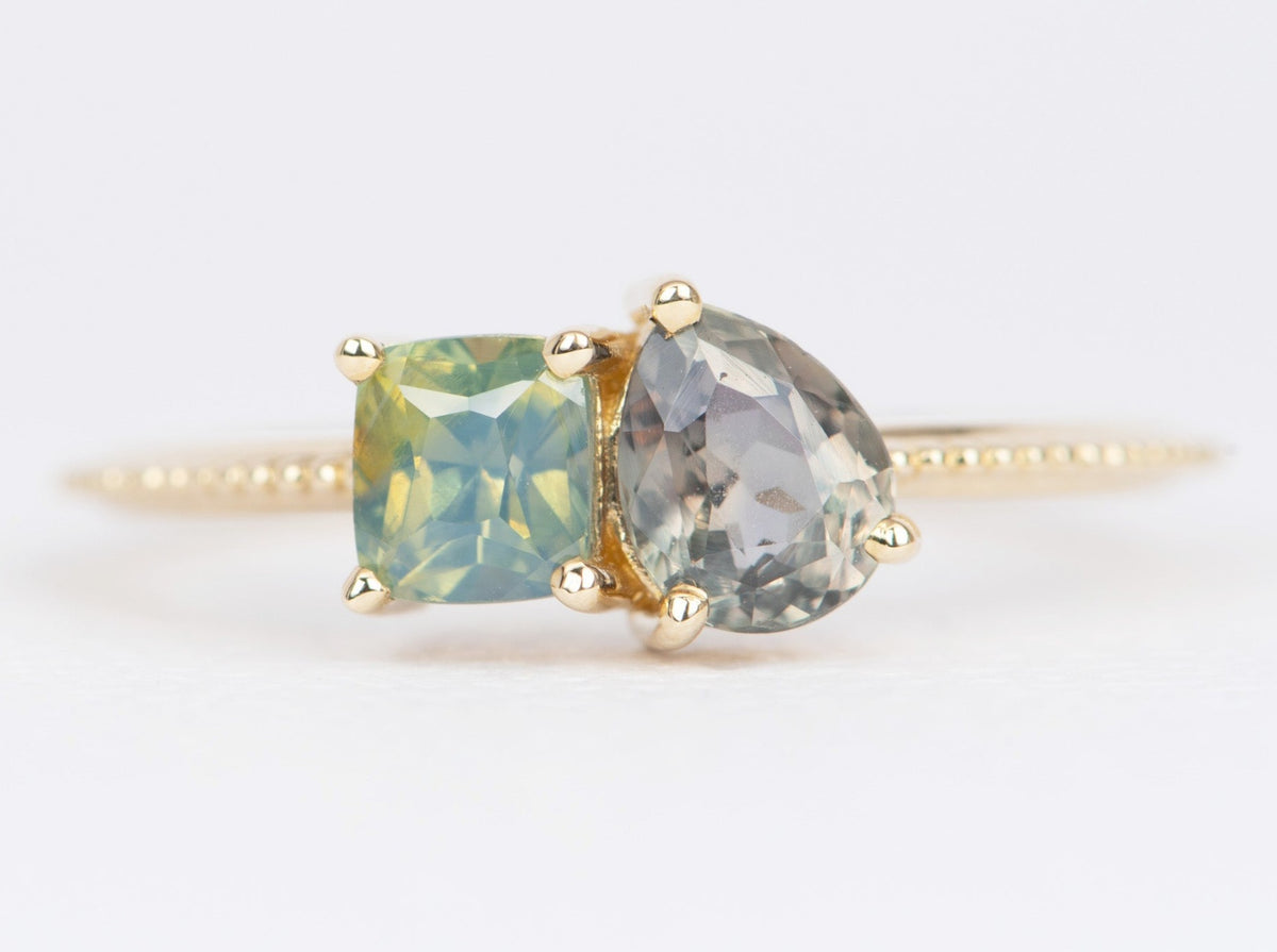 Unicorn You and Me Ring Featuring Color-Change Montana Sapphire and Opalescent Blue Sapphire 14K Gold R6491 Aurora Designer