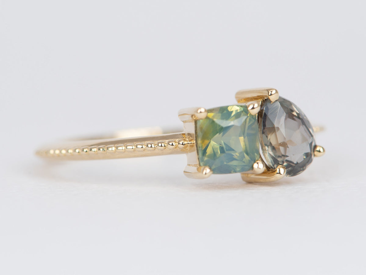 Unicorn You and Me Ring Featuring Color-Change Montana Sapphire and Opalescent Blue Sapphire 14K Gold R6491 Aurora Designer