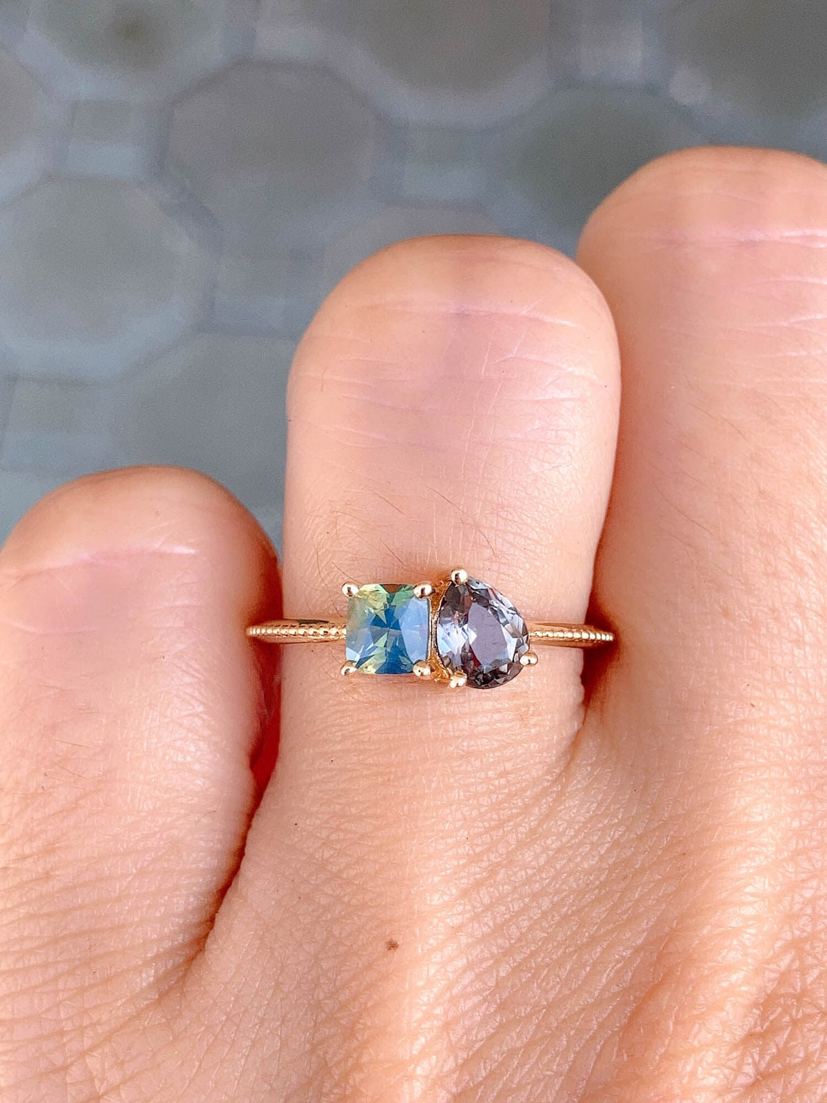Unicorn You and Me Ring Featuring Color-Change Montana Sapphire and Opalescent Blue Sapphire 14K Gold R6491 Aurora Designer