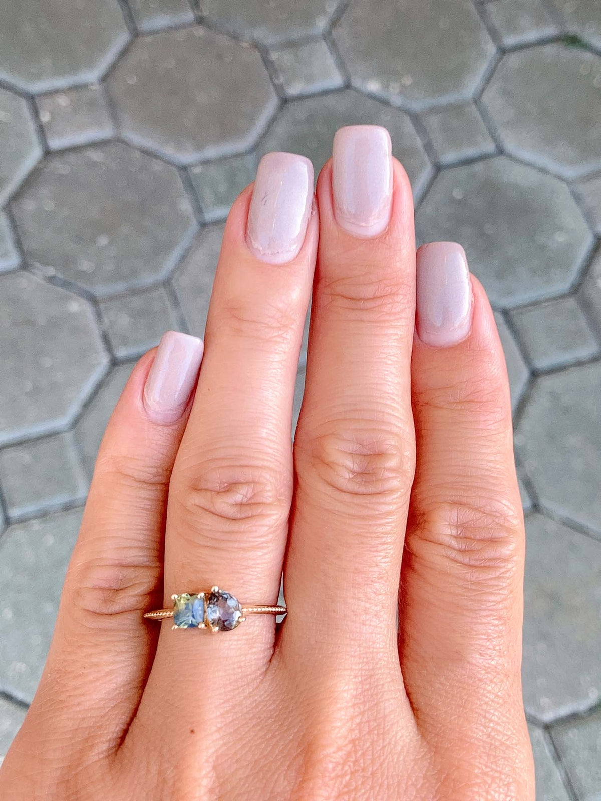 Unicorn You and Me Ring Featuring Color-Change Montana Sapphire and Opalescent Blue Sapphire 14K Gold R6491 Aurora Designer