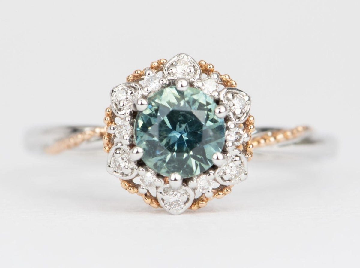Brilliant Teal Blue Montana Sapphire Floral Style Engagement Ring 14K Gold R6493 Aurora Designer