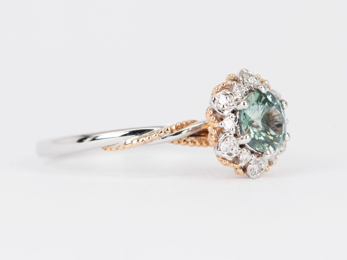 Brilliant Teal Blue Montana Sapphire Floral Style Engagement Ring 14K Gold R6493 Aurora Designer