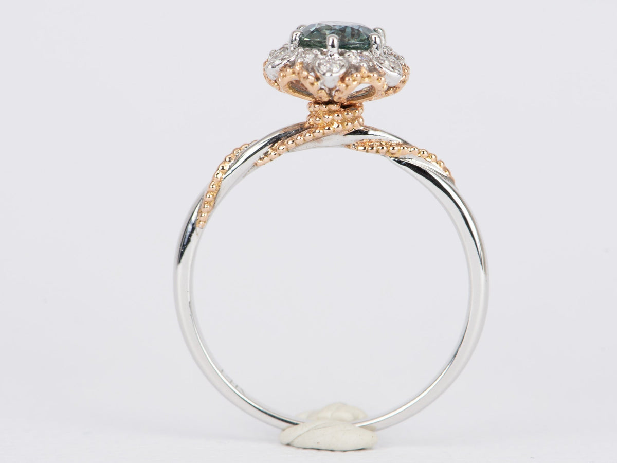 Brilliant Teal Blue Montana Sapphire Floral Style Engagement Ring 14K Gold R6493 Aurora Designer