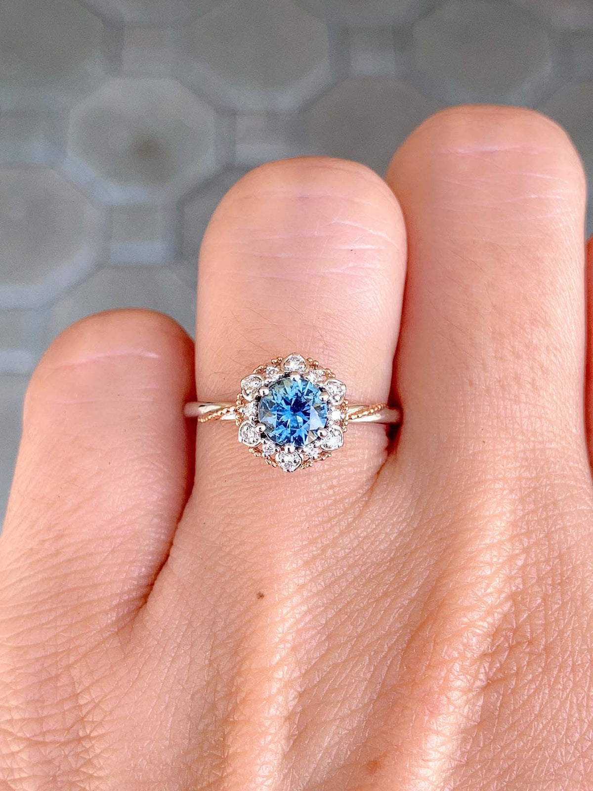 Brilliant Teal Blue Montana Sapphire Floral Style Engagement Ring 14K Gold R6493 Aurora Designer