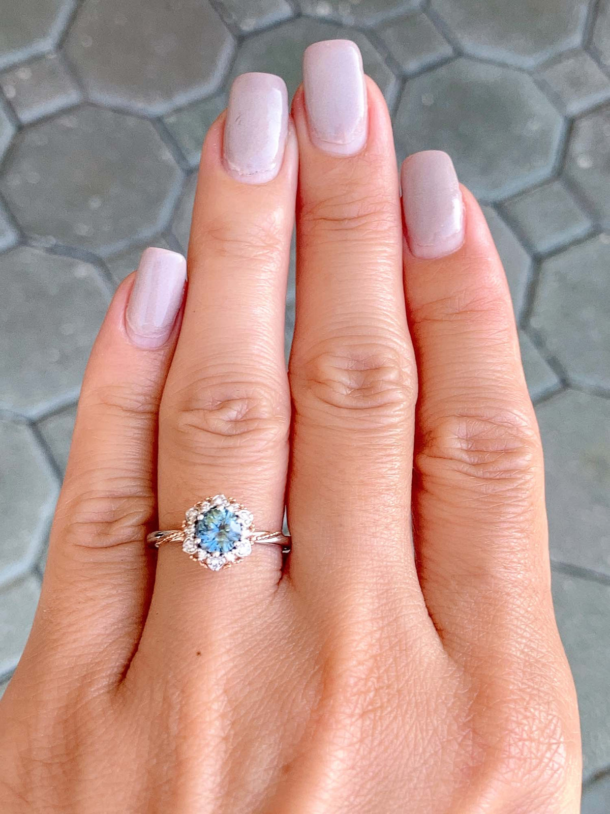 Brilliant Teal Blue Montana Sapphire Floral Style Engagement Ring 14K Gold R6493 Aurora Designer