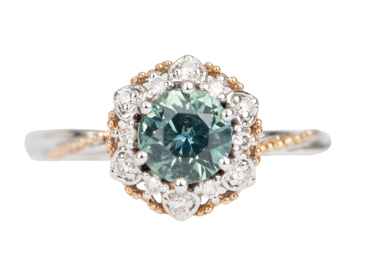 Brilliant Teal Blue Montana Sapphire Floral Style Engagement Ring 14K Gold R6493 Aurora Designer
