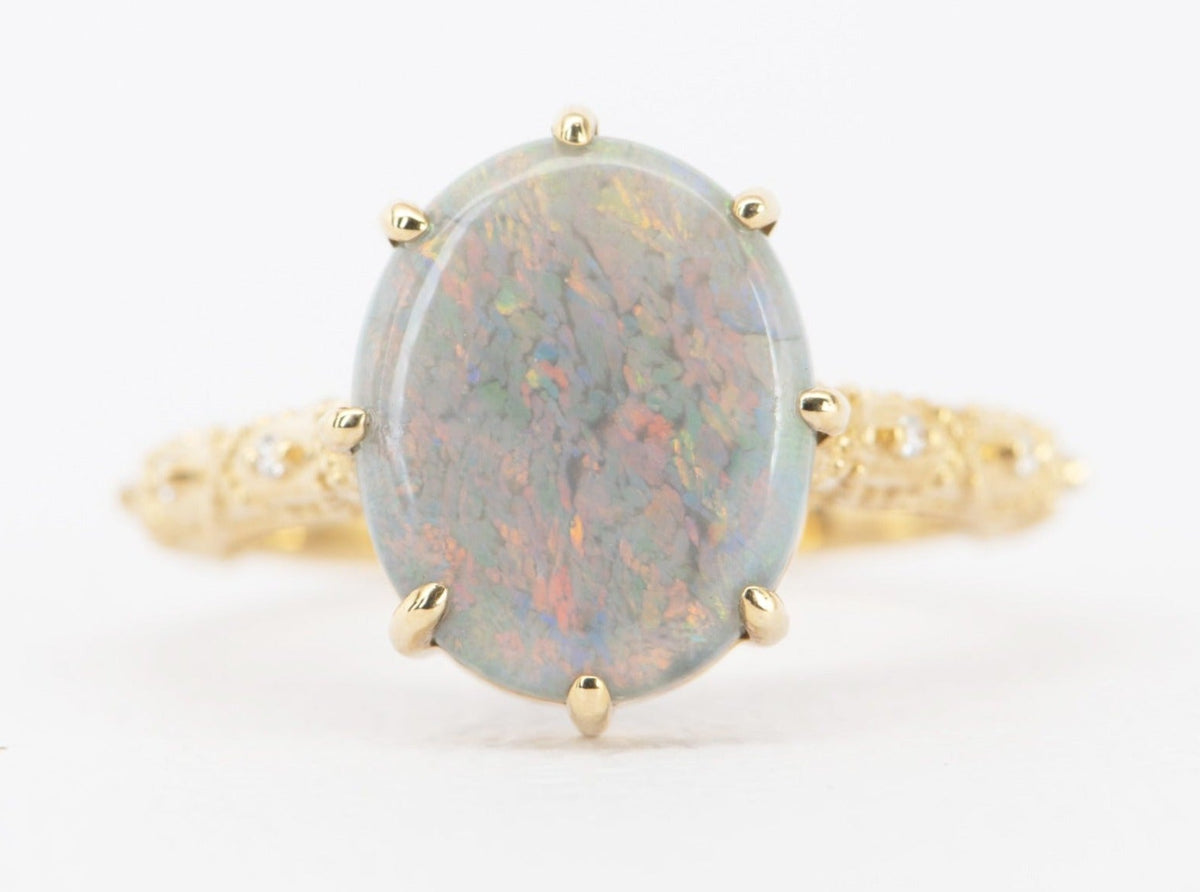 2.82ct Solid Australian Opal on Vintage Lace Band Bridal Ring Set 14K Gold R6495 Aurora Designer