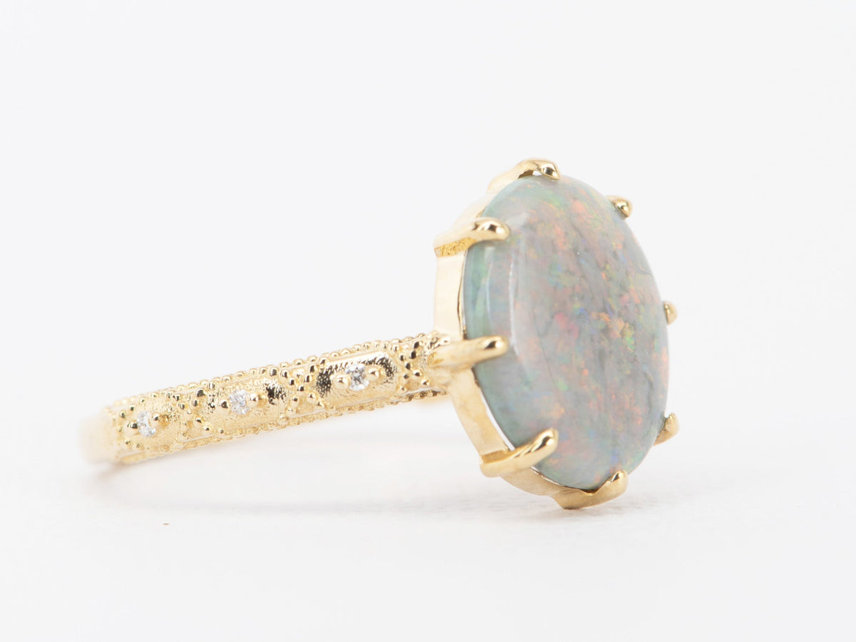 2.82ct Solid Australian Opal on Vintage Lace Band Bridal Ring Set 14K Gold R6495 Aurora Designer