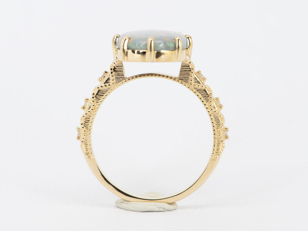 2.82ct Solid Australian Opal on Vintage Lace Band Bridal Ring Set 14K Gold R6495 Aurora Designer