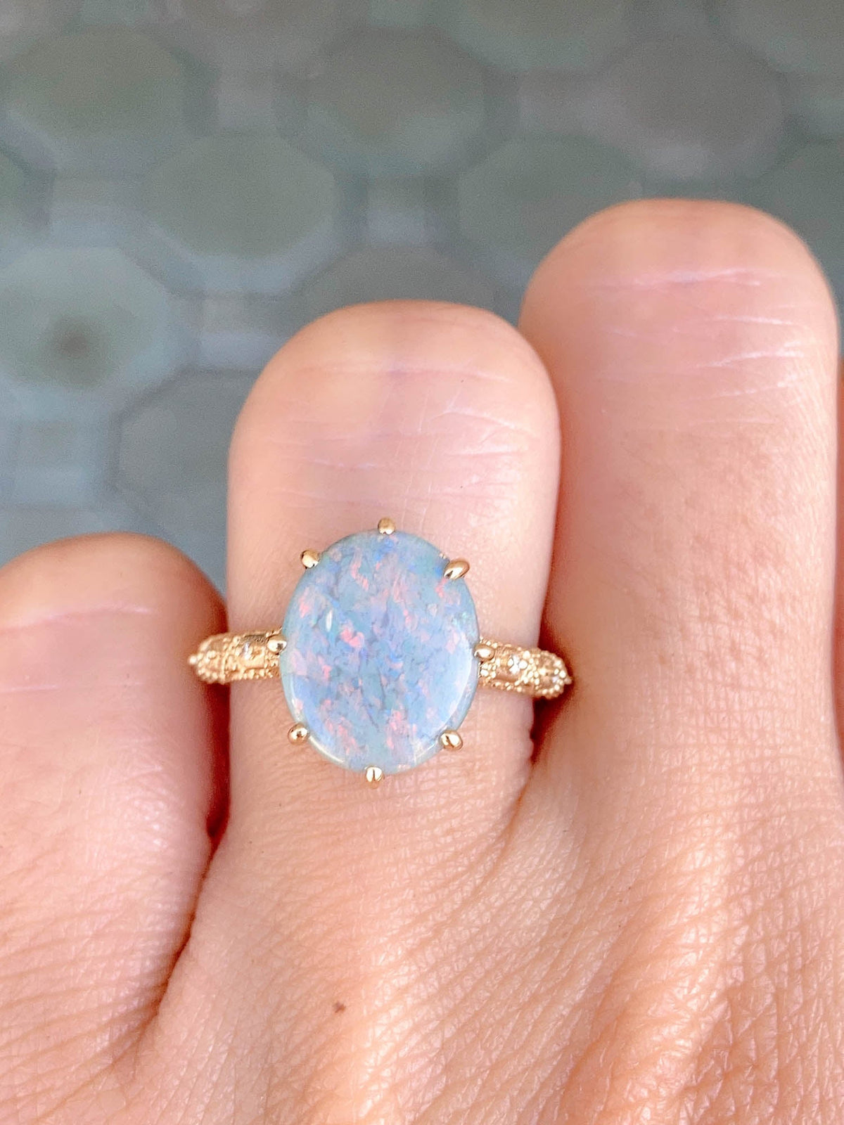 2.82ct Solid Australian Opal on Vintage Lace Band Bridal Ring Set 14K Gold R6495 Aurora Designer