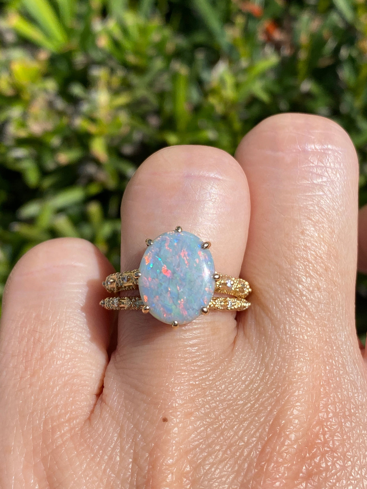 2.82ct Solid Australian Opal on Vintage Lace Band Bridal Ring Set 14K Gold R6495 Aurora Designer