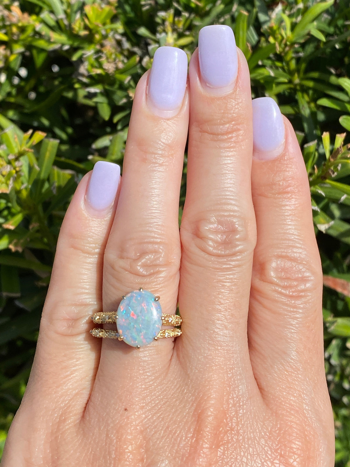 2.82ct Solid Australian Opal on Vintage Lace Band Bridal Ring Set 14K Gold R6495 Aurora Designer