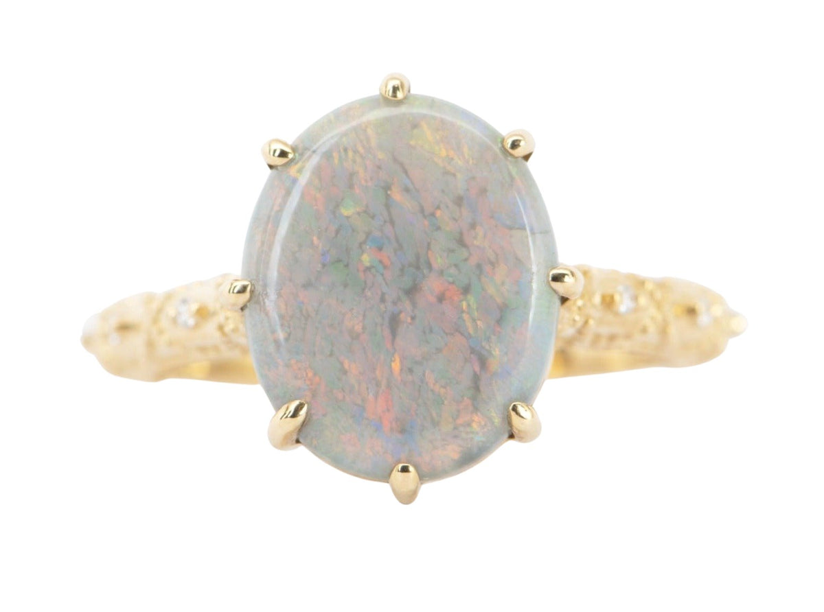 2.82ct Solid Australian Opal on Vintage Lace Band Bridal Ring Set 14K Gold R6495 Aurora Designer