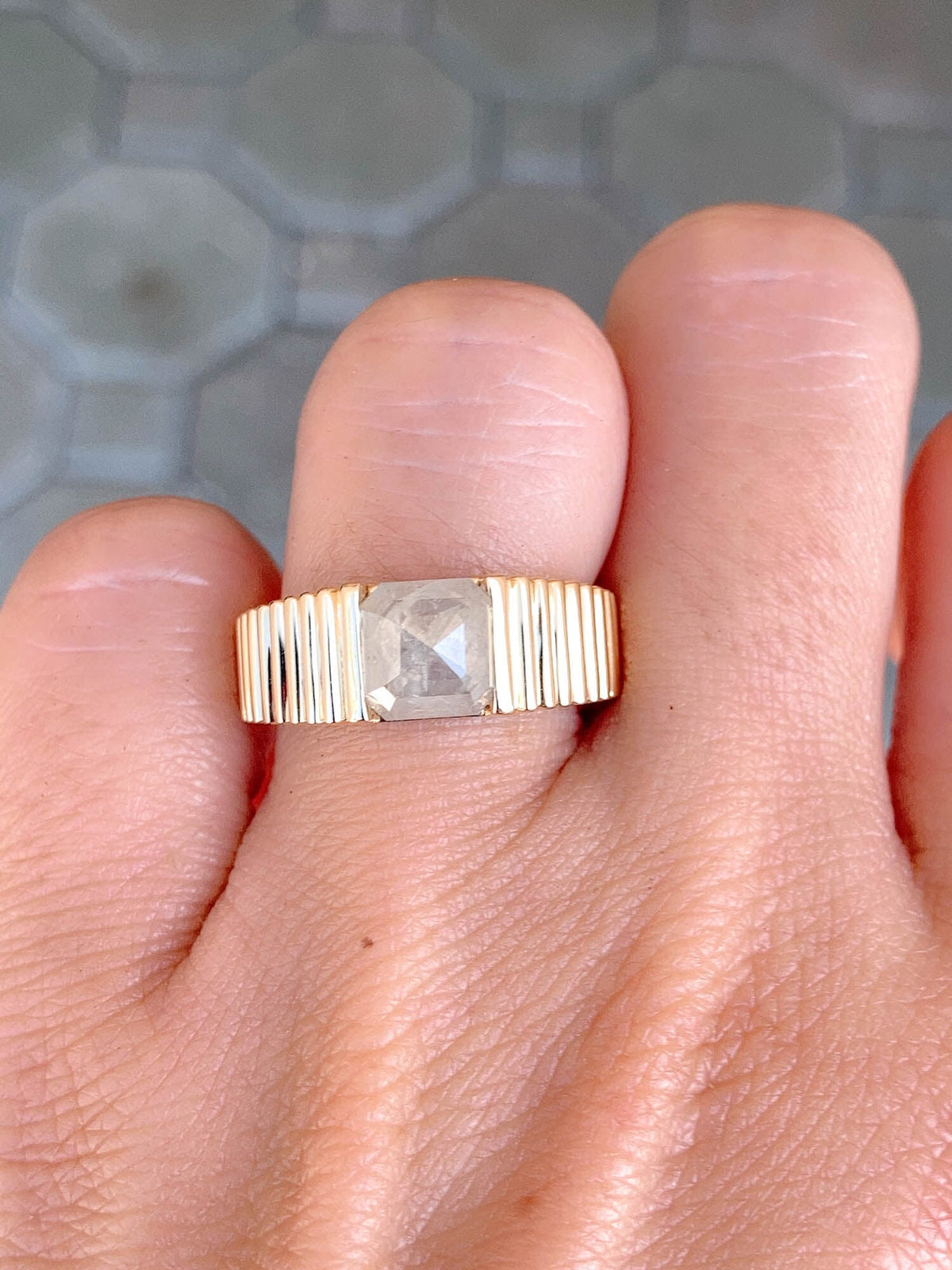 2.05ct Milky White Diamond on Wide Ribbed Band Engagement Ring 14K Gold R6498 Aurora Designer