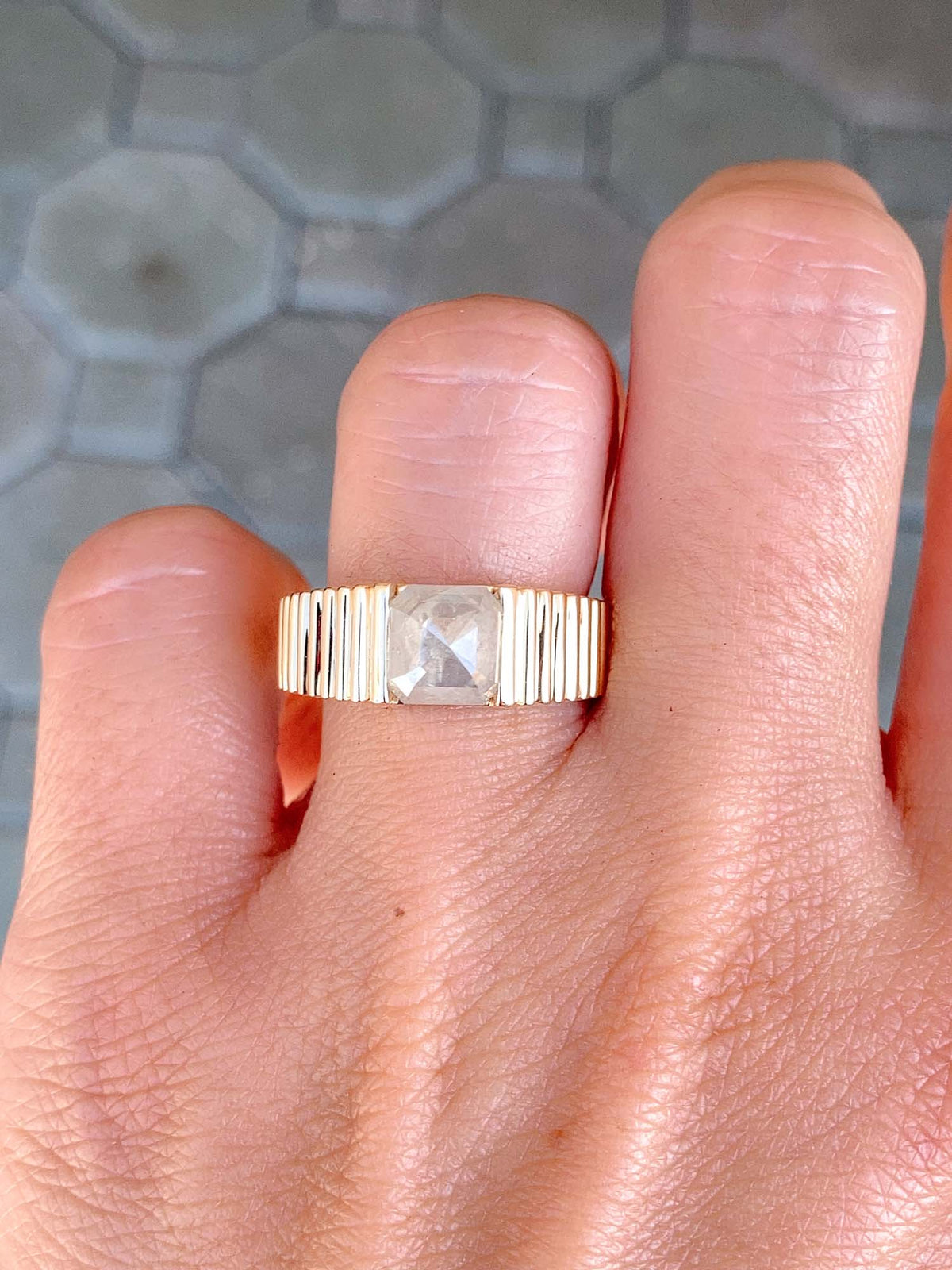 2.05ct Milky White Diamond on Wide Ribbed Band Engagement Ring 14K Gold R6498 Aurora Designer