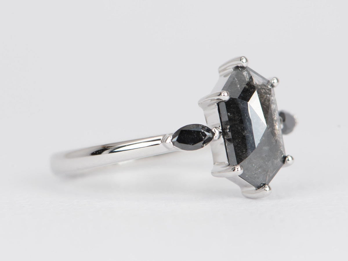 1.5ct Hexagon Salt and Pepper Diamond with Black Diamonds Engagement Ring 14K White Gold R6500 Aurora Designer