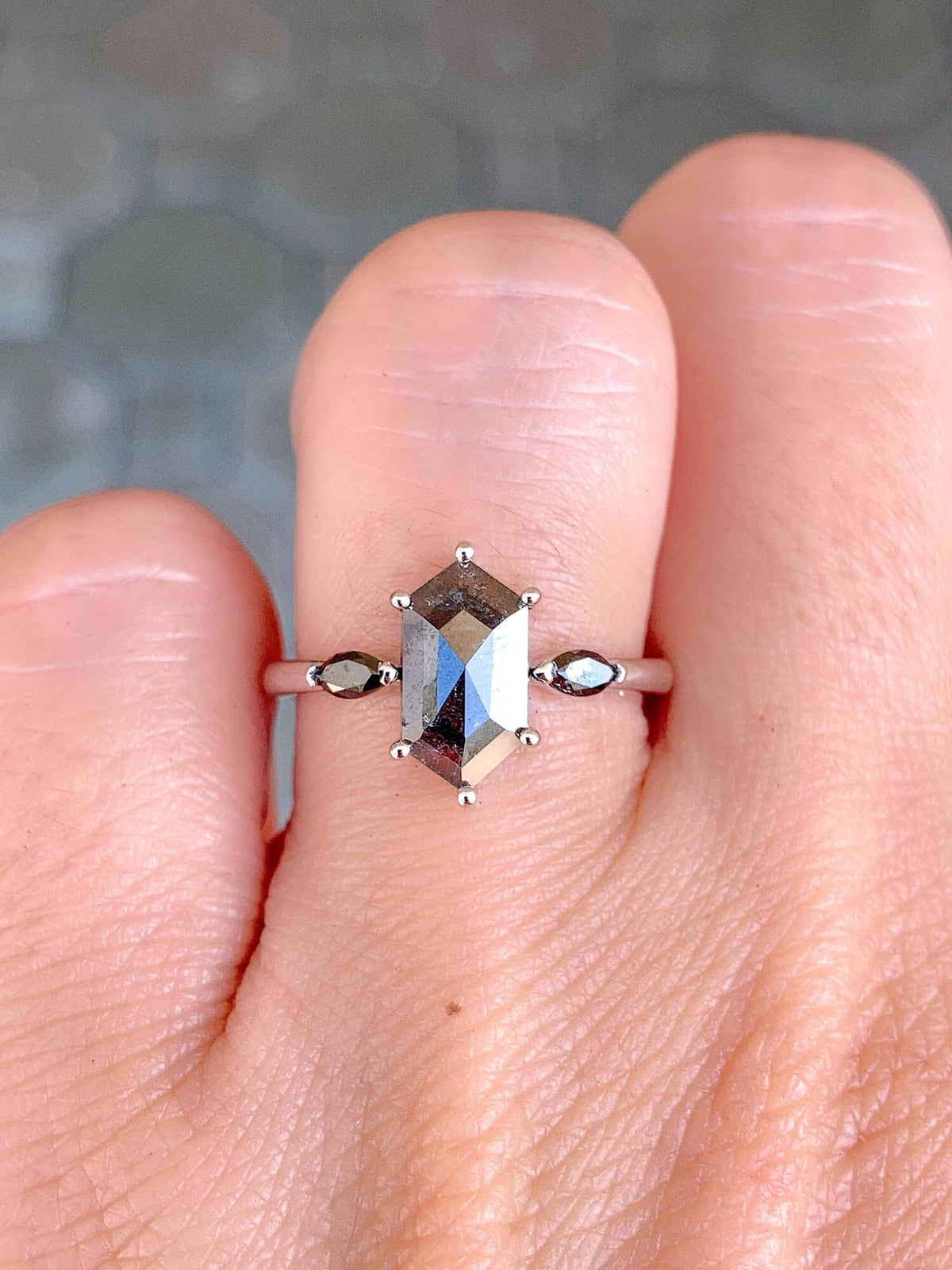 1.5ct Hexagon Salt and Pepper Diamond with Black Diamonds Engagement Ring 14K White Gold R6500 Aurora Designer