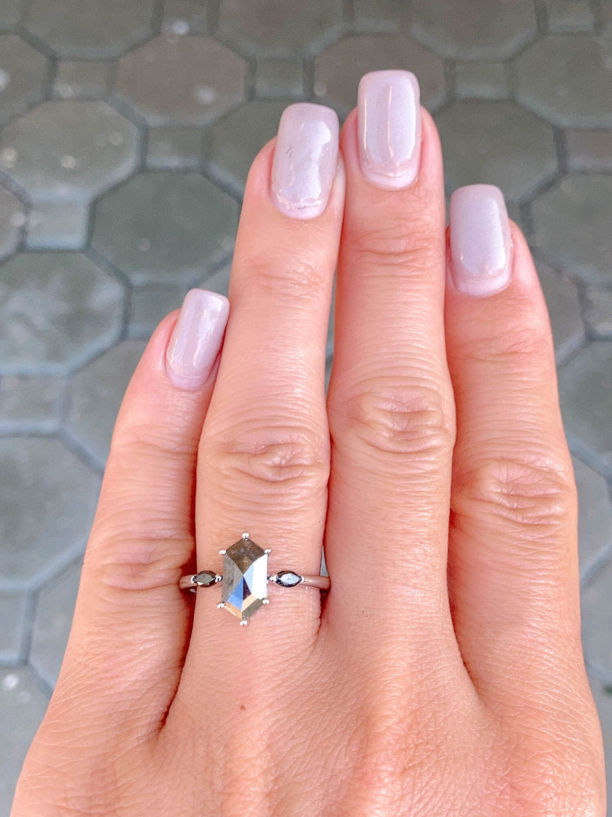 1.5ct Hexagon Salt and Pepper Diamond with Black Diamonds Engagement Ring 14K White Gold R6500 Aurora Designer