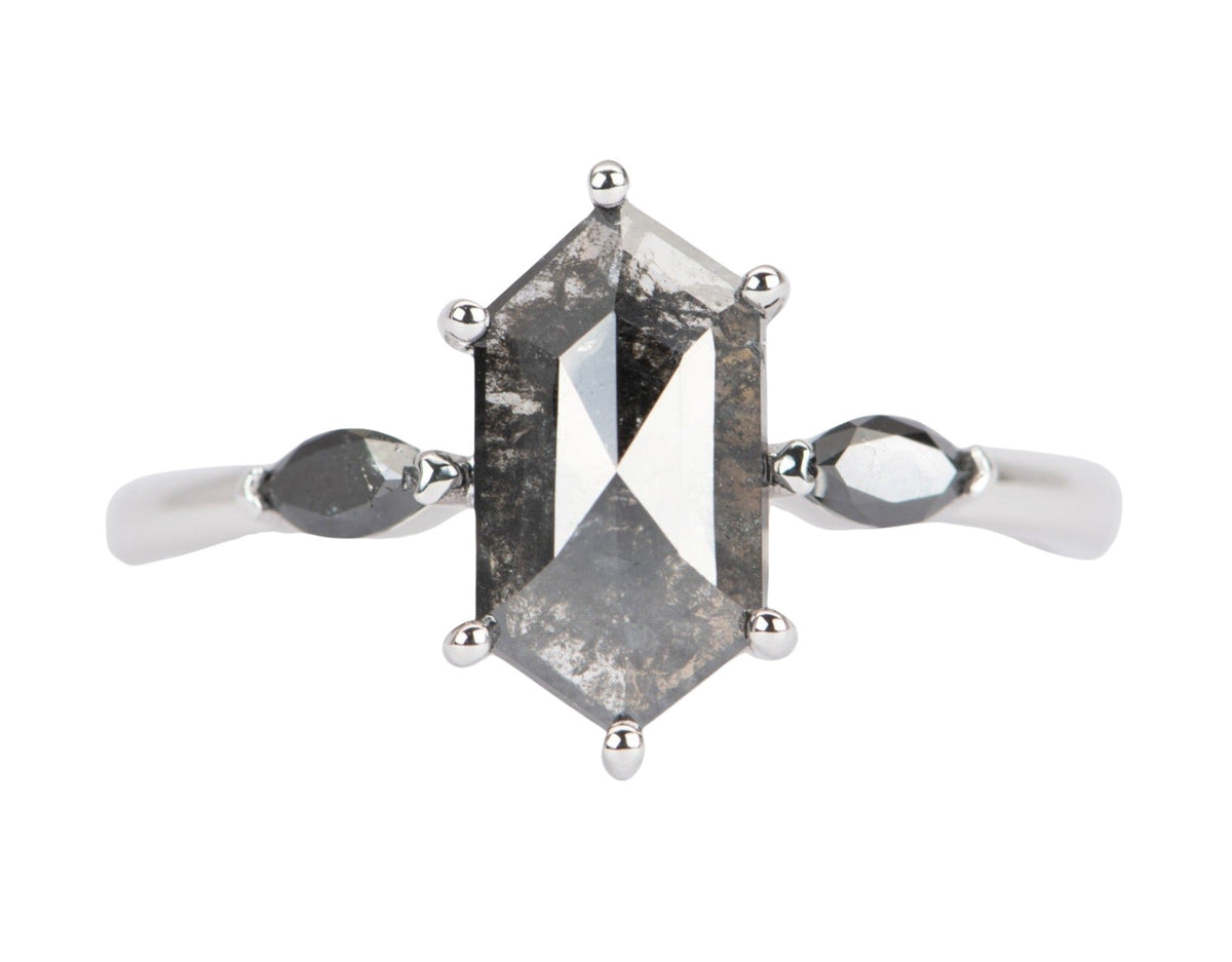 1.5ct Hexagon Salt and Pepper Diamond with Black Diamonds Engagement Ring 14K White Gold R6500 Aurora Designer