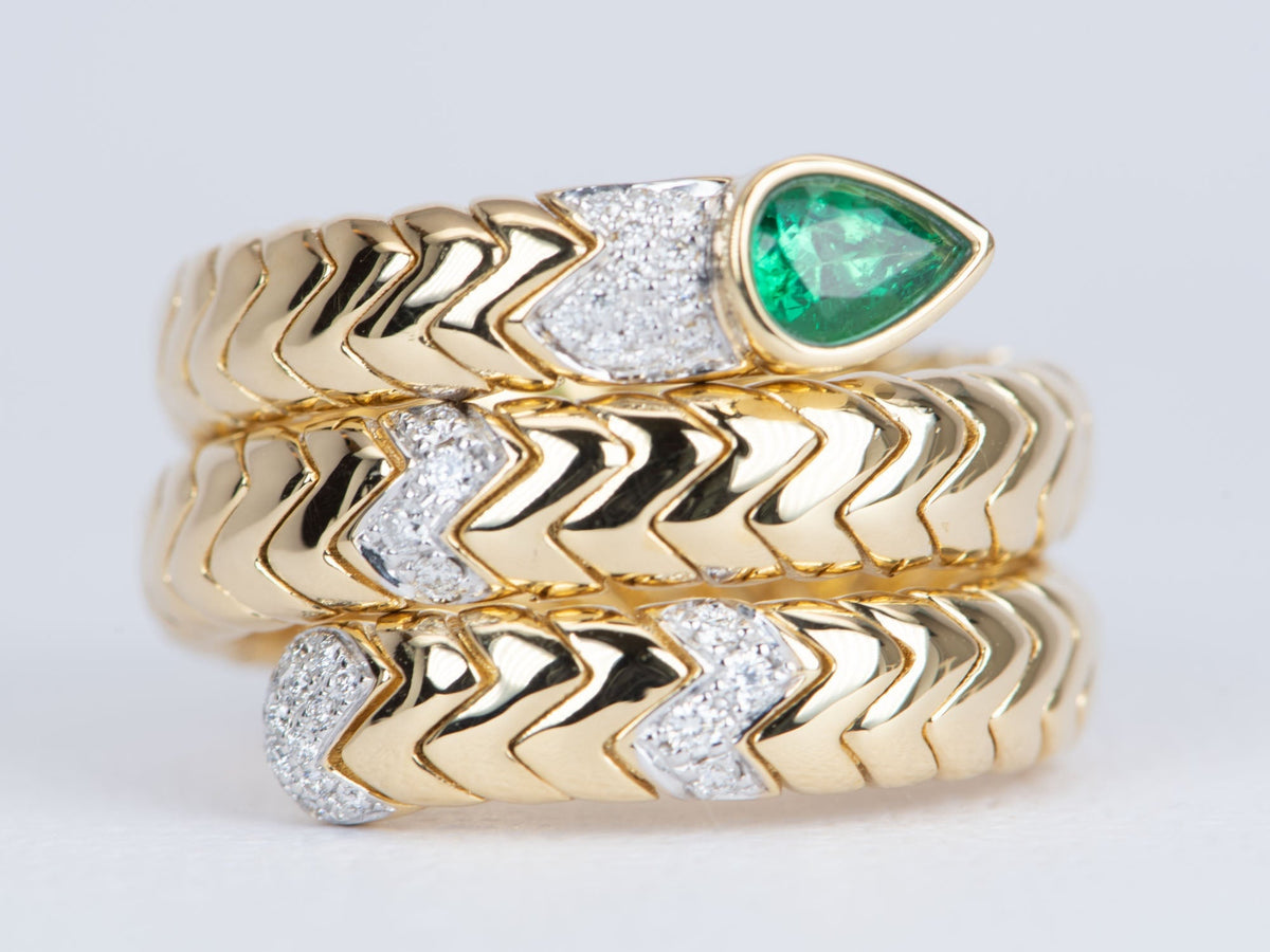 18K Gold Tubogas Snake Coil Ring with Emerald Head and Diamond Accent 13.8g R6502 Aurora Designer