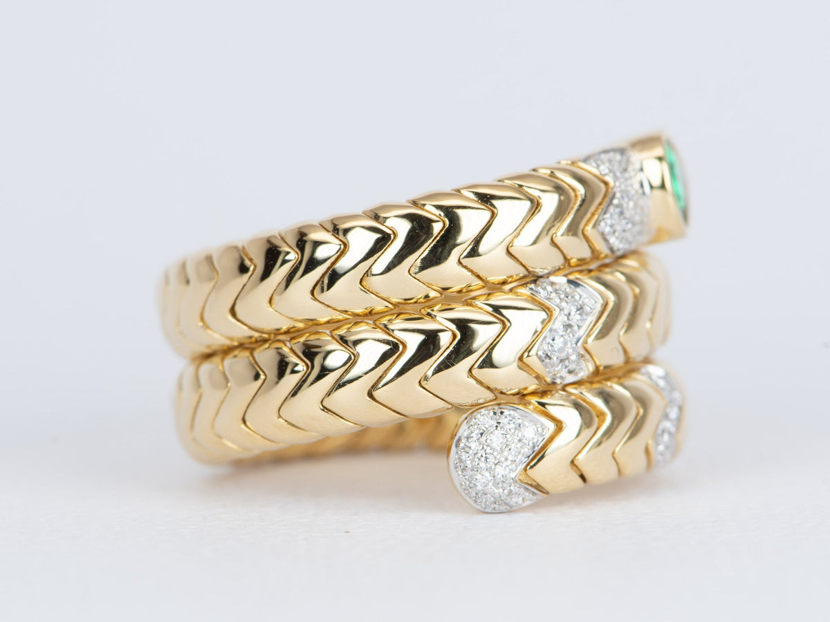 18K Gold Tubogas Snake Coil Ring with Emerald Head and Diamond Accent 13.8g R6502 Aurora Designer