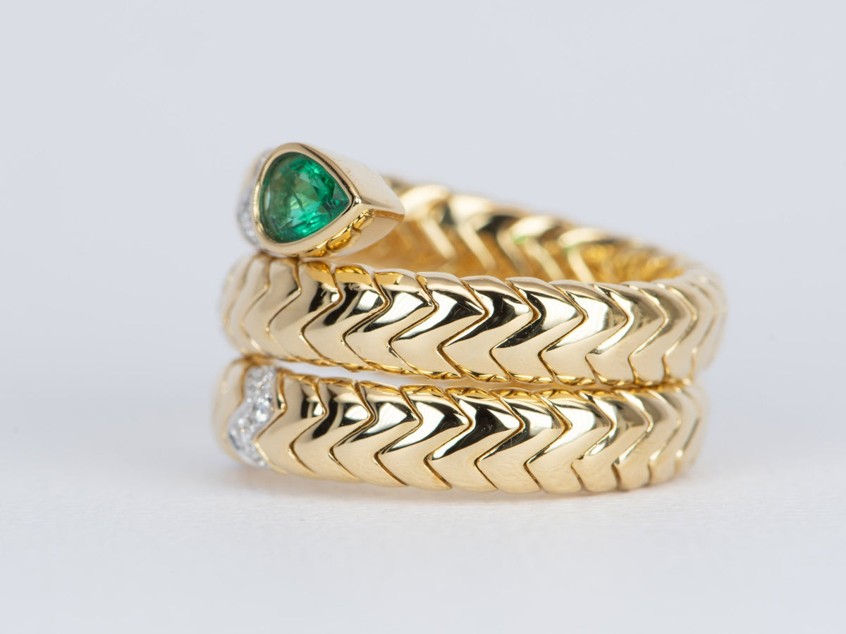 18K Gold Tubogas Snake Coil Ring with Emerald Head and Diamond Accent 13.8g R6502 Aurora Designer