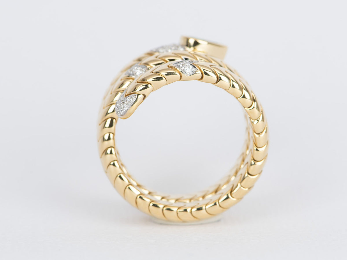 18K Gold Tubogas Snake Coil Ring with Emerald Head and Diamond Accent 13.8g R6502 Aurora Designer