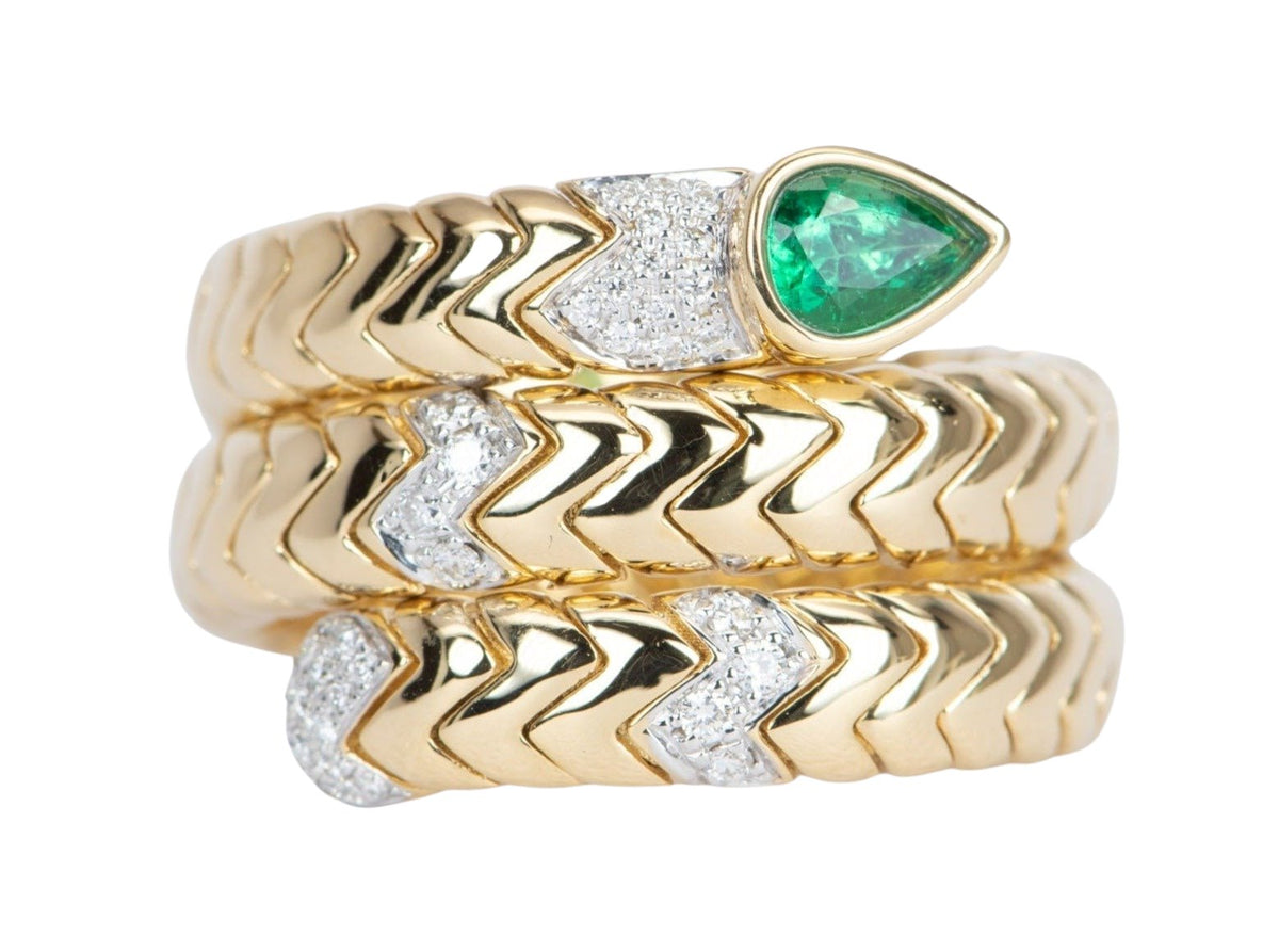 18K Gold Tubogas Snake Coil Ring with Emerald Head and Diamond Accent 13.8g R6502 Aurora Designer