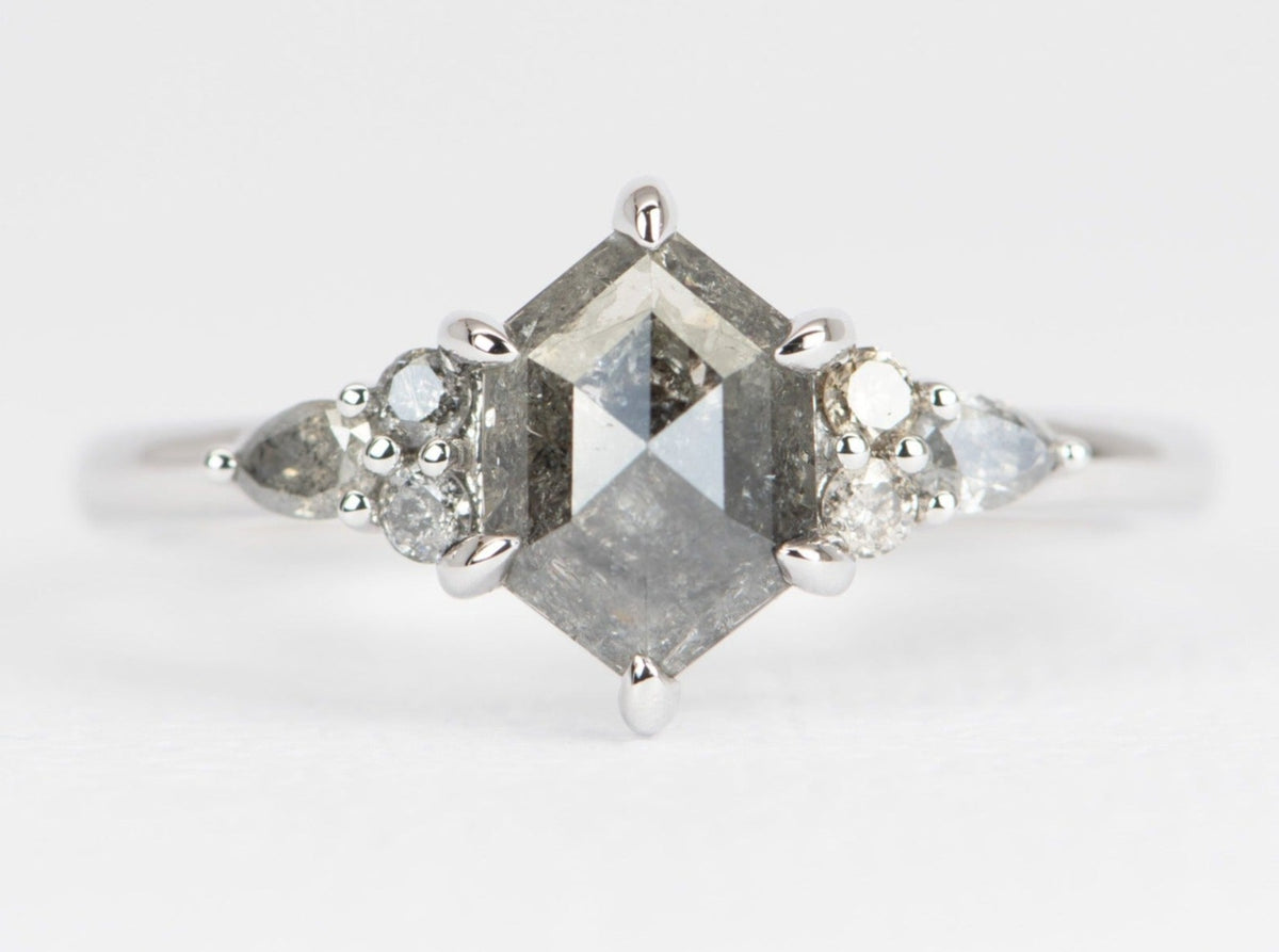 1.23ctw Hexagon Shaped Salt and Pepper Diamond Engagement Ring 14K White Gold R6503 Aurora Designer