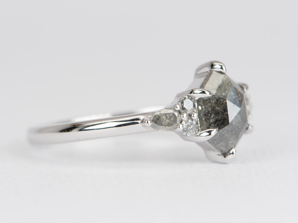 1.23ctw Hexagon Shaped Salt and Pepper Diamond Engagement Ring 14K White Gold R6503 Aurora Designer