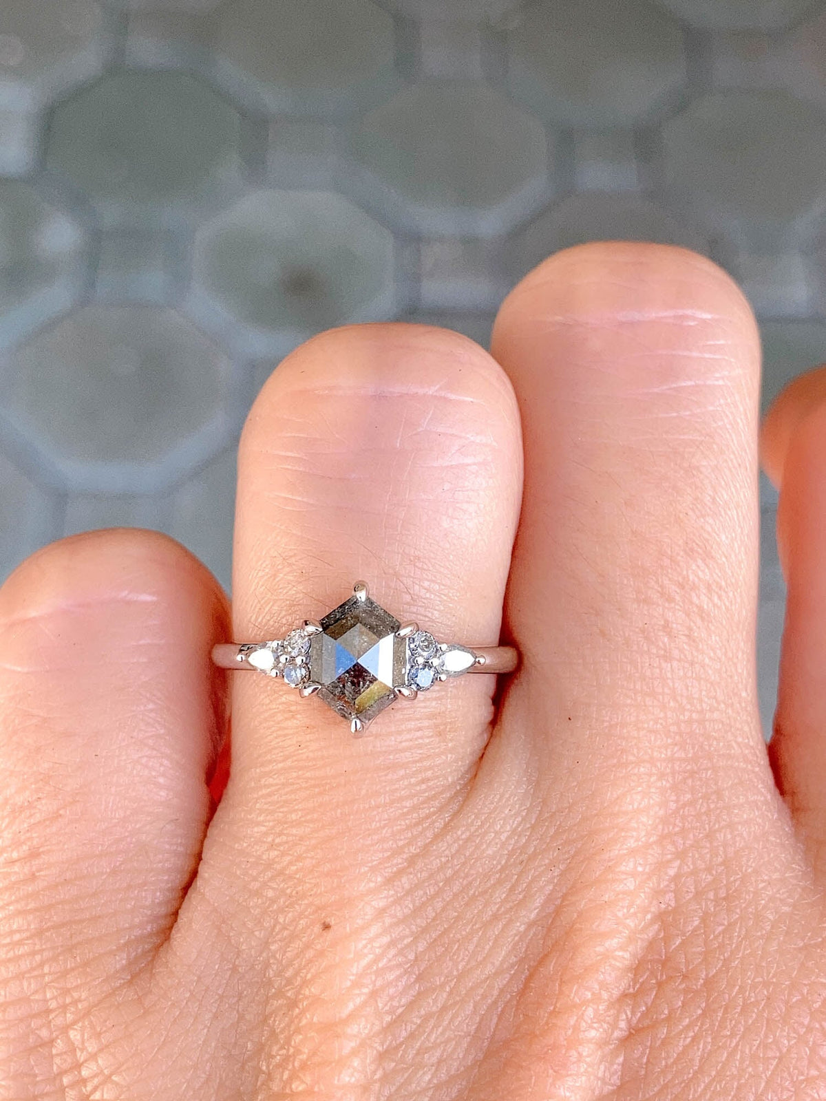 1.23ctw Hexagon Shaped Salt and Pepper Diamond Engagement Ring 14K White Gold R6503 Aurora Designer