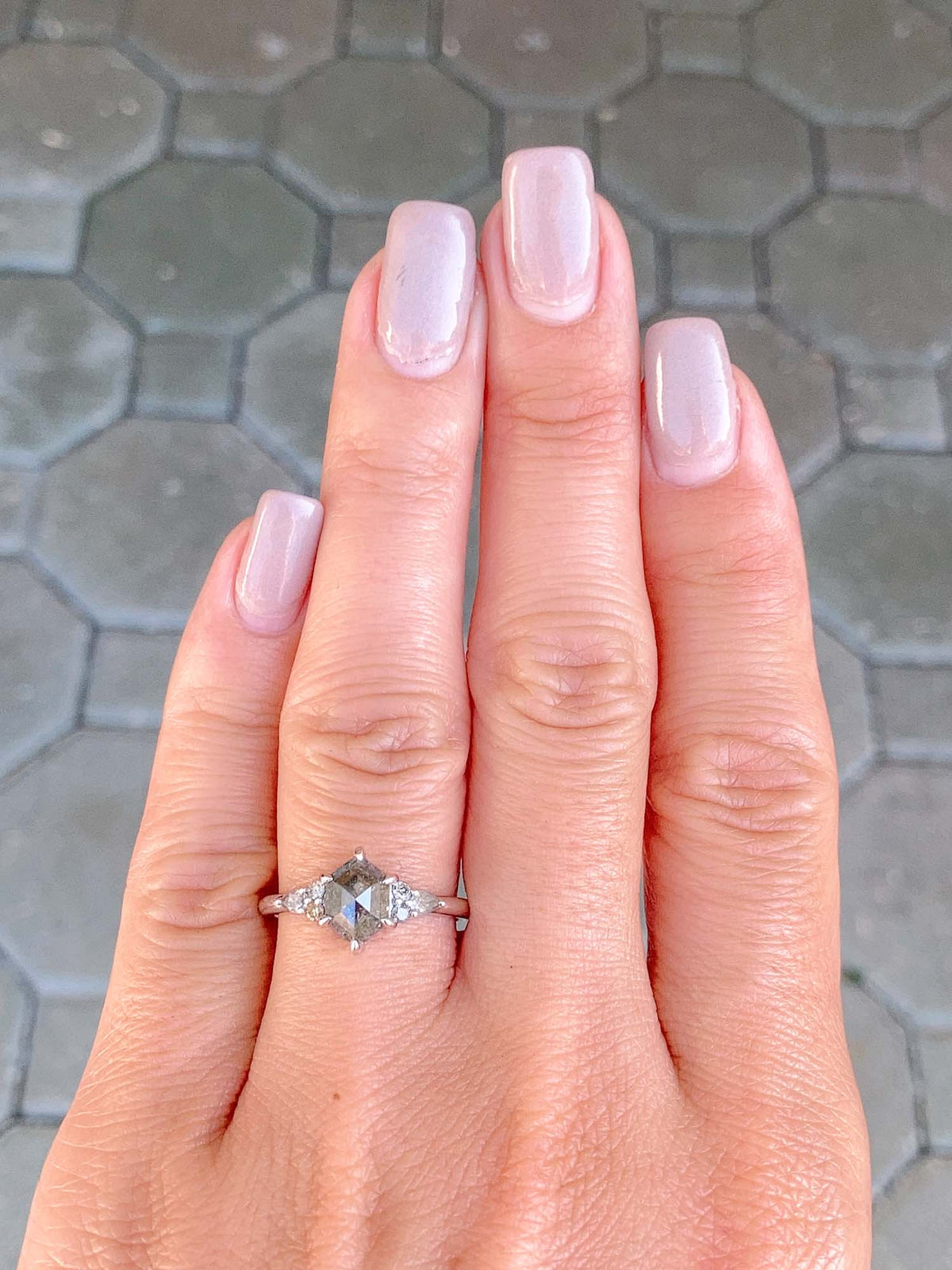 1.23ctw Hexagon Shaped Salt and Pepper Diamond Engagement Ring 14K White Gold R6503 Aurora Designer