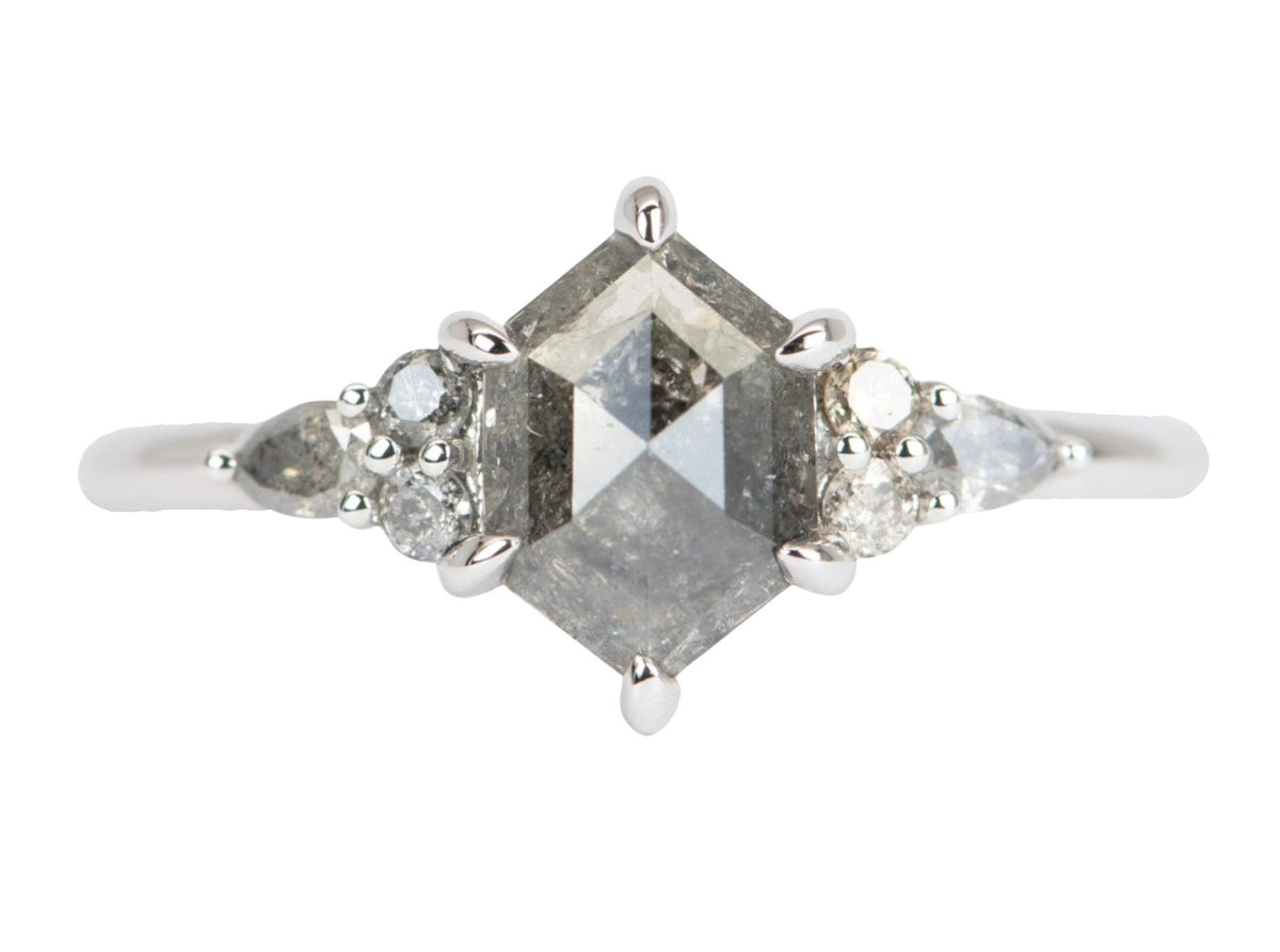 1.23ctw Hexagon Shaped Salt and Pepper Diamond Engagement Ring 14K White Gold R6503 Aurora Designer