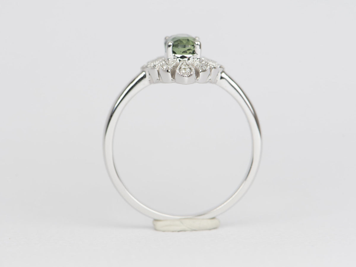 1.28ct Oval Montana Sapphire with Diamond Halo 14K White Gold Engagement Ring R6507 Aurora Designer