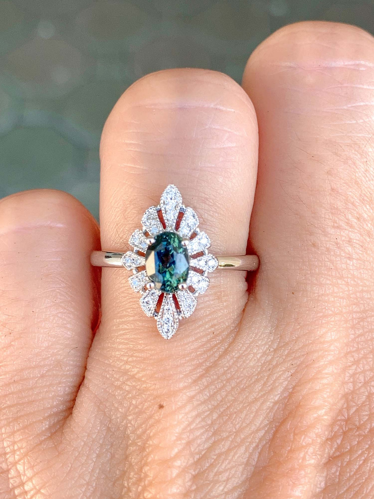 1.28ct Oval Montana Sapphire with Diamond Halo 14K White Gold Engagement Ring R6507 Aurora Designer