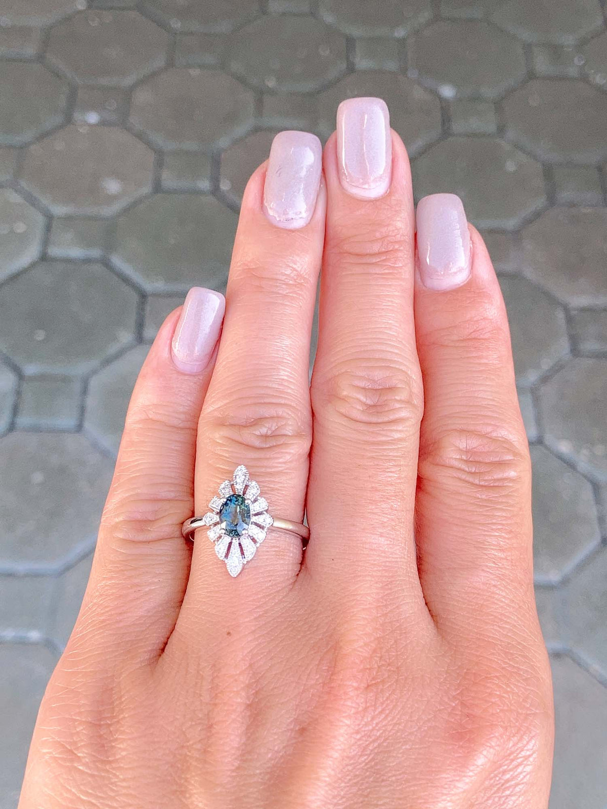 1.28ct Oval Montana Sapphire with Diamond Halo 14K White Gold Engagement Ring R6507 Aurora Designer