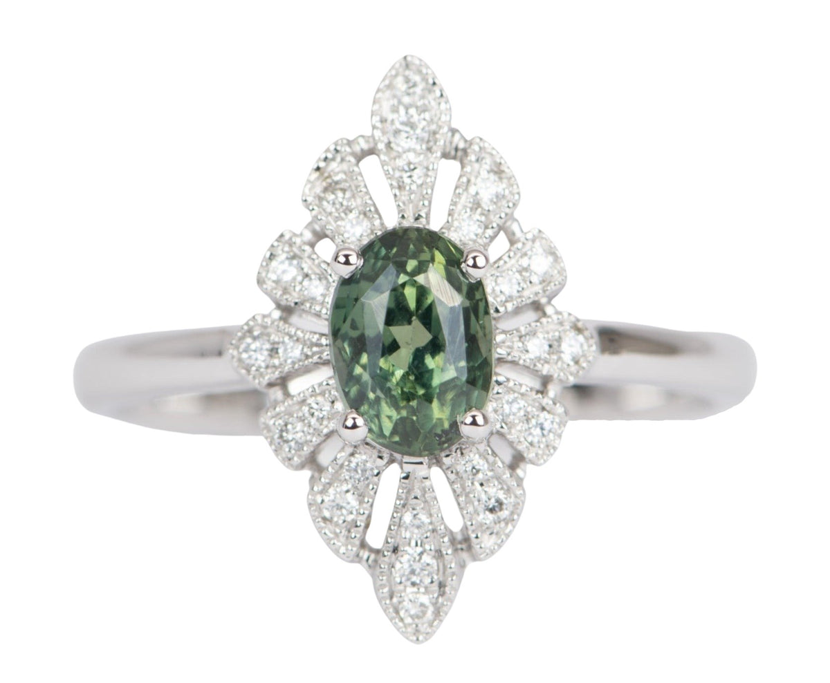 1.28ct Oval Montana Sapphire with Diamond Halo 14K White Gold Engagement Ring R6507 Aurora Designer