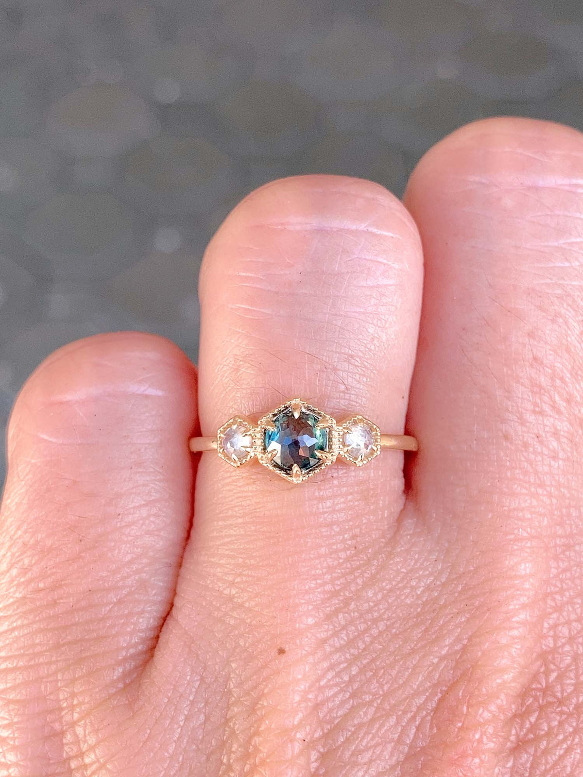 Teal Green Montana Sapphire with Diamond 14K Gold Engagement Ring R6510 Aurora Designer
