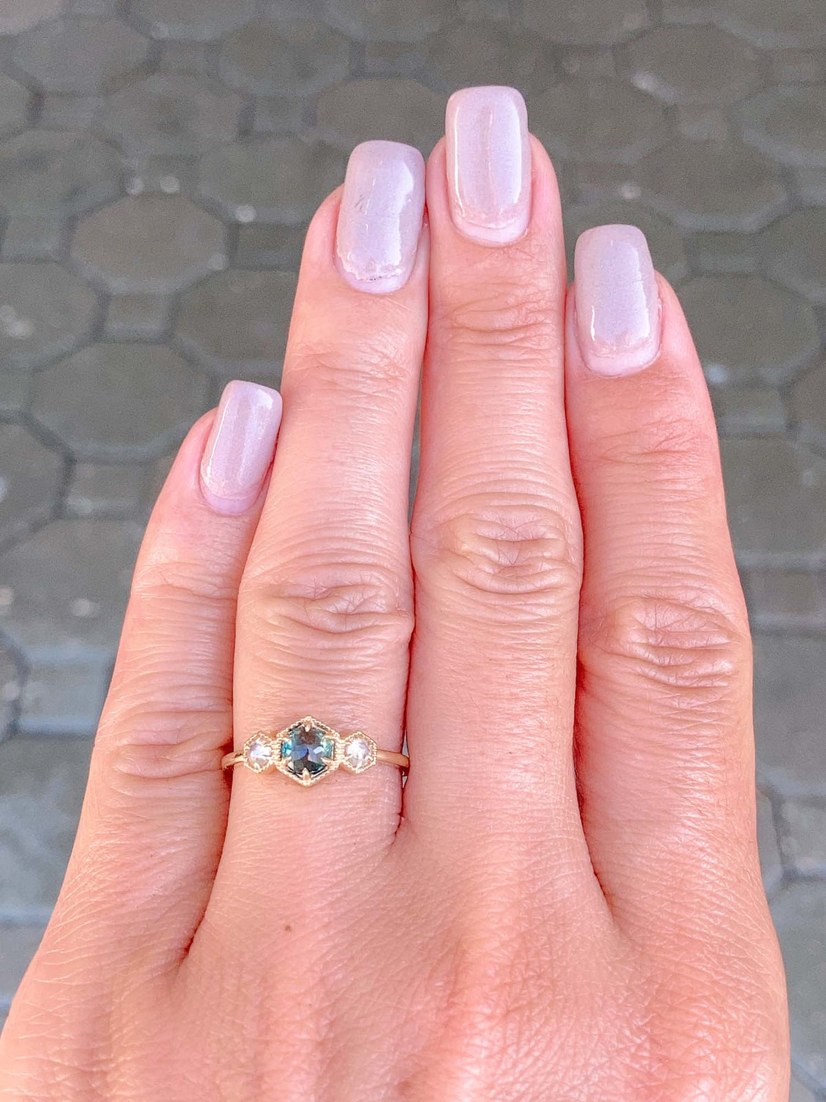 Teal Green Montana Sapphire with Diamond 14K Gold Engagement Ring R6510 Aurora Designer